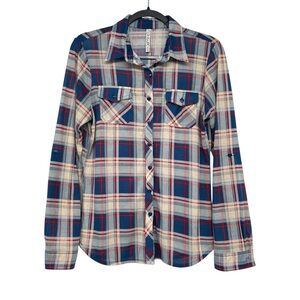 RNB Long Sleeve Button Down Women Medium Chest Pocket Sleeve Roll Tabs Plaid